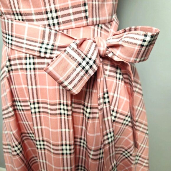 Pink Plaid Fit & Flare Dress With Belted Waist & Cap Sleeves And Pockets Small - Picture 5 of 14